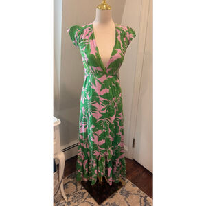XIX PALMS Women’s Green Pink Tropical Low Cut Print Maxi Dress XS